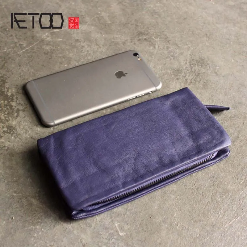 

AETOO Original personality leather wallet female long section zipper first layer cowhide art retro fold wallet multi-card Vintag