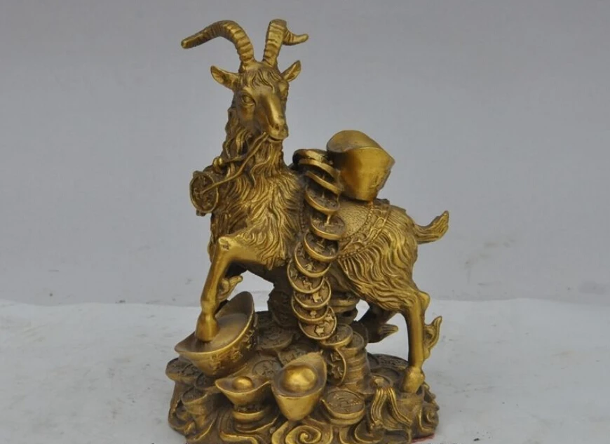 

7"Chinese fengshui Brass wealth yuanbao money zodiac sheep goat ram rich statue