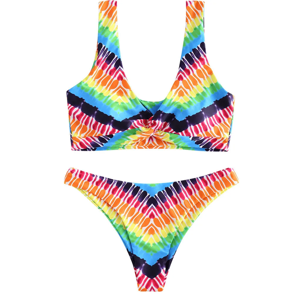 Sexy Push Up Striped Bikinis Women Beach Swimwear Low Waist Halter Bikini Set Rainbow Color