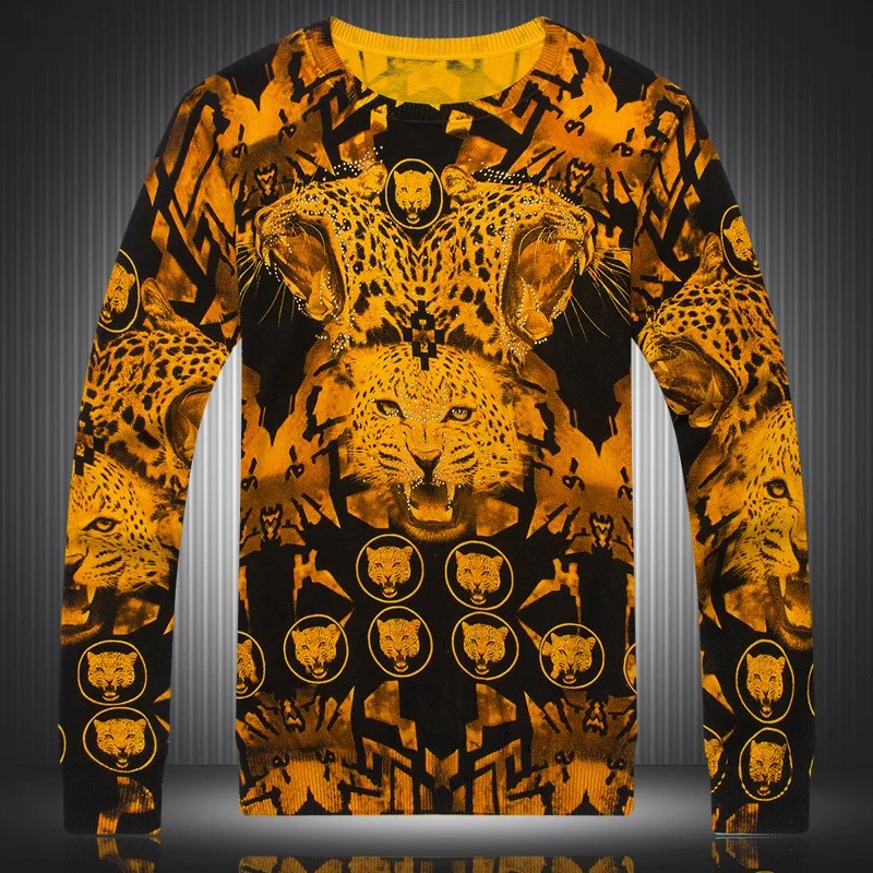 Китайский Стиль Алмазы Leopard сплайсинга печати Бутик вязаный свитер Осенняя одежда 2016 года и Зимняя мода высокого класса свитер Мужчины М-XXXL