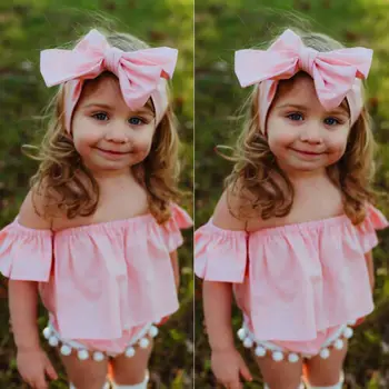 

Pudcoco Sweet Newborn Baby Girls Summer Pink Off Shoulder Tops + Short Tassel Pants + Bow Headband Cotton Outfits 3pcs Set