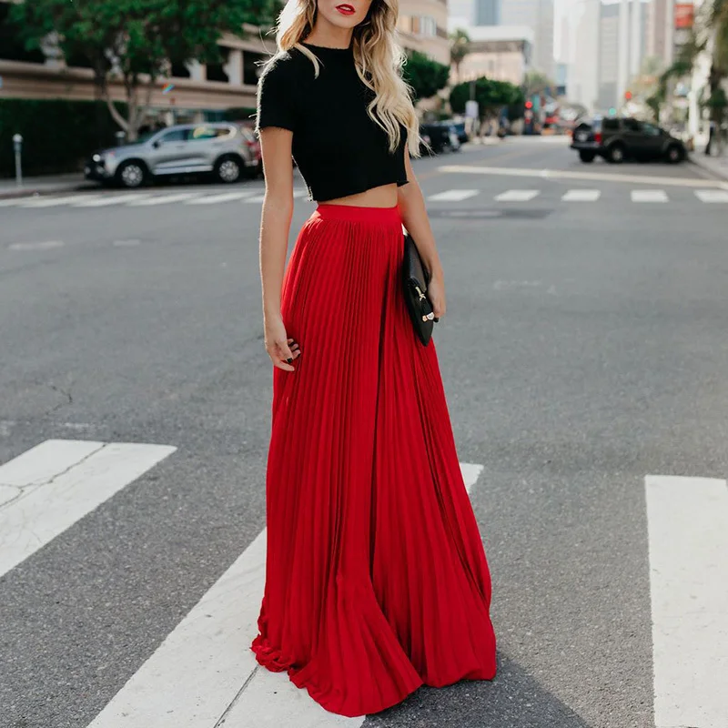 Holiday Style Pleated Women Skirts Ladies Solid Color Elastic High Waist Skirt Autumn Spring Casual Long Maxi Skirt Falda Larga