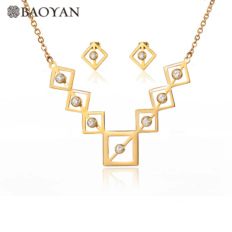 Fashion Gold Color Seven Hollow Squares stainless steel crystal pendant