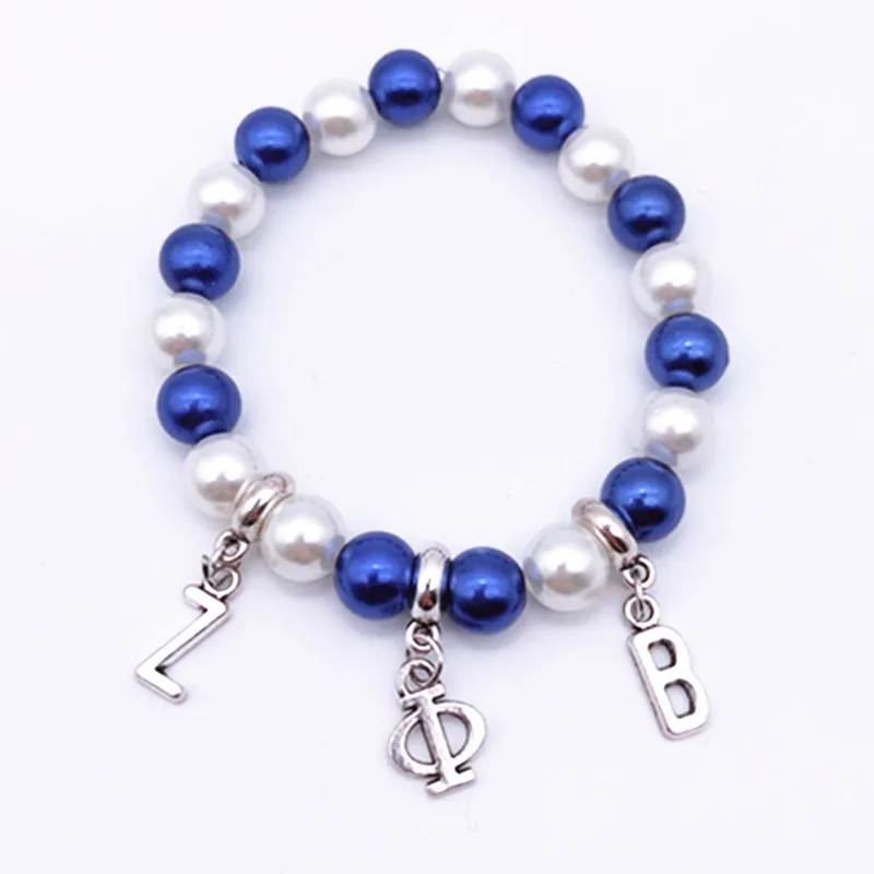 

ZETA PHI BETA Sorority Charm Bracelet Greek Letters Blue/White Imitation Pearl Beads Handmade Elastic Bracelet & Bangles Jewelry