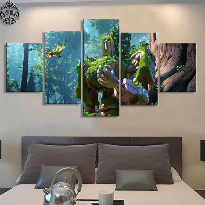 Game Canvas Painting Poster 5 Panel Overwatch Bastion Wall