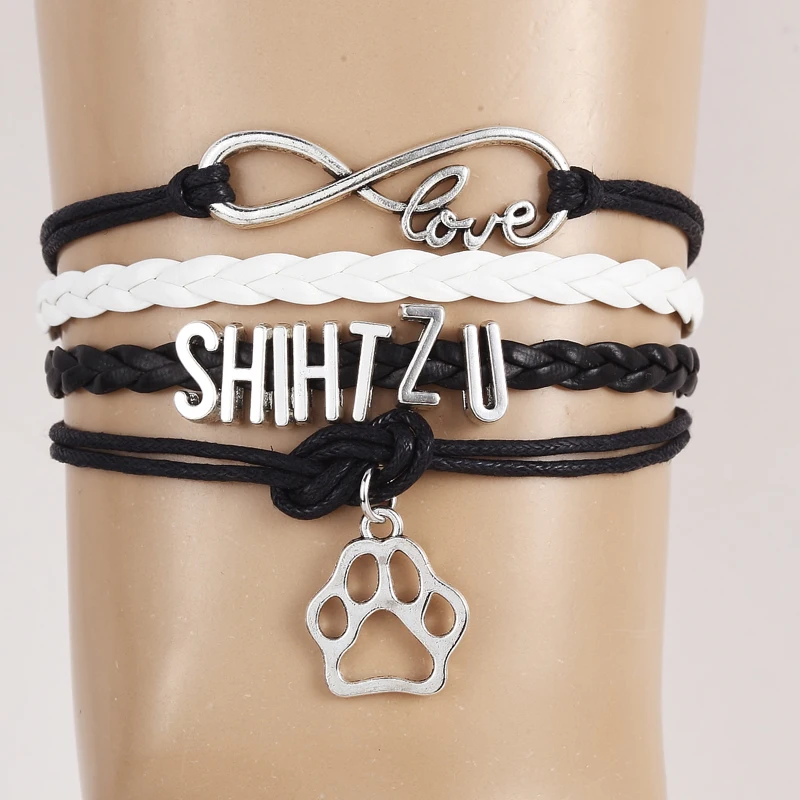 Прямая бесконечность любви Ши-тцу собака Браслеты Плетеный Воск кожаный браслет ручной работы и Браслеты лапа очарование Jewelry 4 Цвета