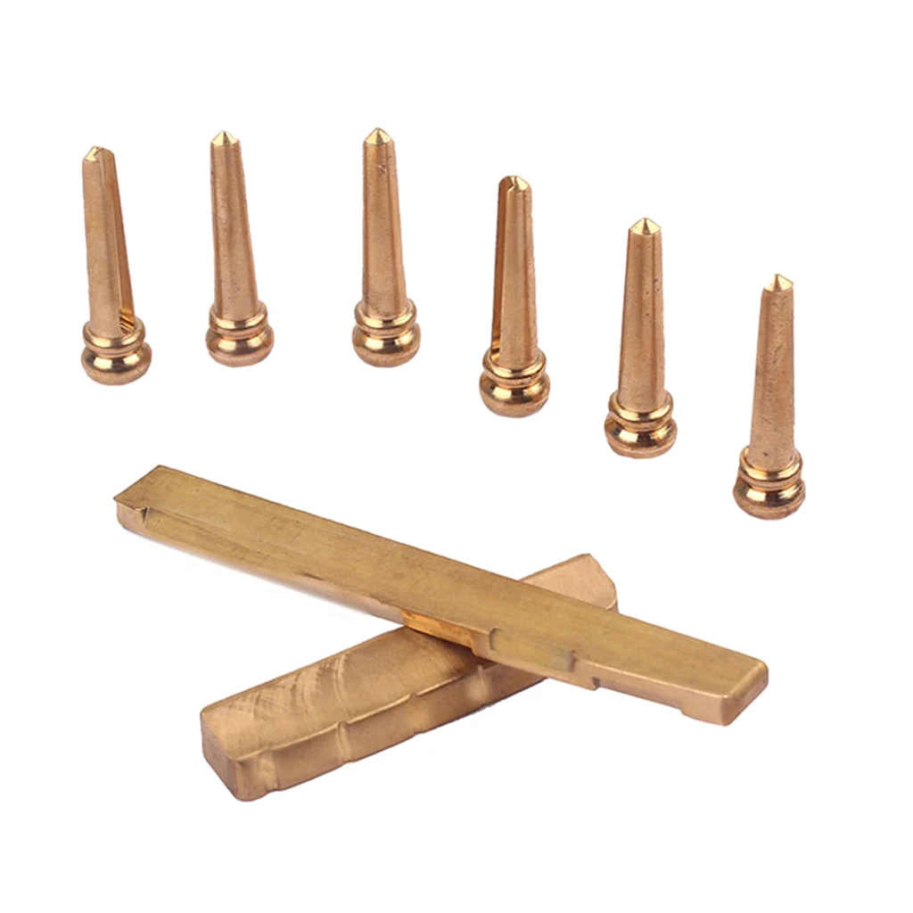 6 pieces Brass Bridge Pins + Nut Saddle Slotted for Acoustic Guitar Parts Gold New
