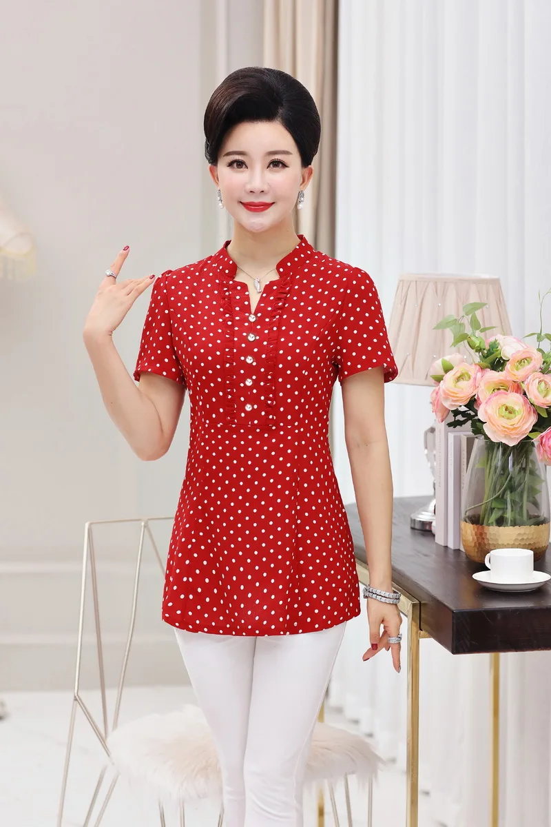 Летняя элегантная женская футболка в горошек, топы, 5XL размера плюс, одежда для мамы, Женская Повседневная футболка с коротким рукавом и v-образным вырезом