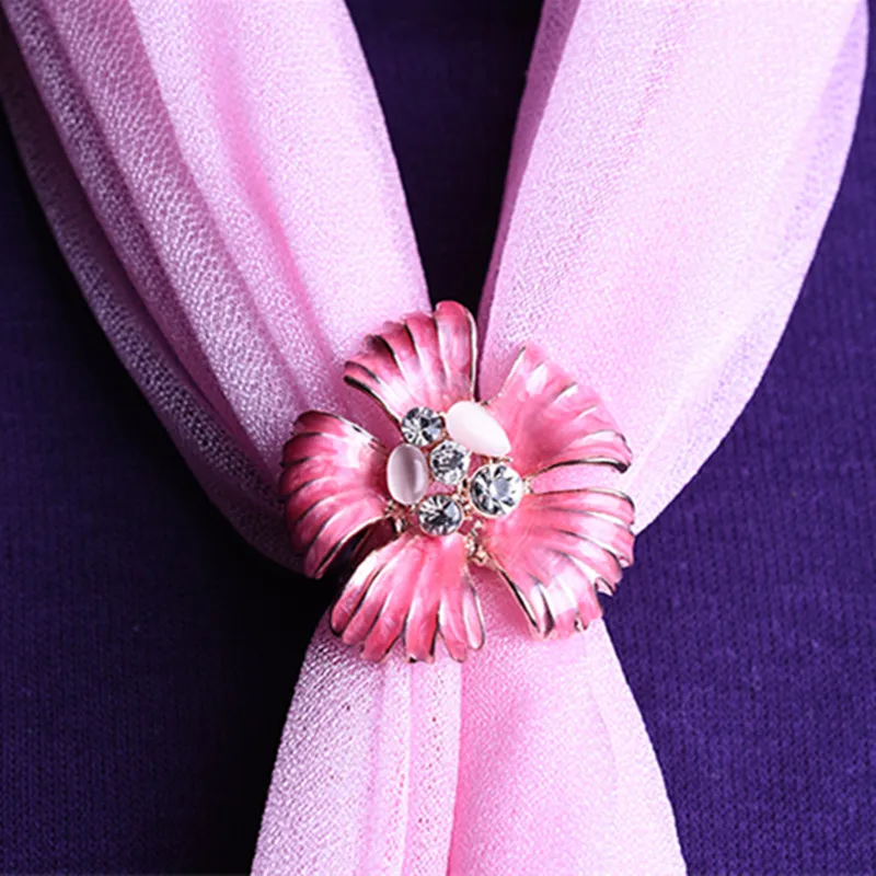 

New Style fashion Flower Pins inlaid Crystal Brooches cat's eye stone Flower Pins Scarf Three Buckle Ring Clips Women's gift