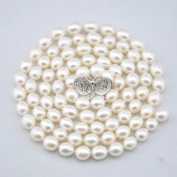

Women Gift word 925 Sterling real Boutique natural rice pearl sweater chain, fashion butterfly clasp, long necklace, valu