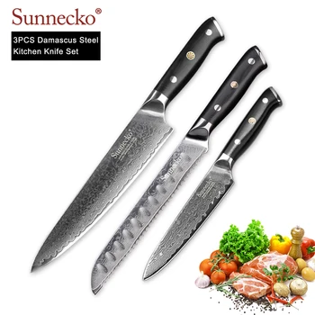 

SUNNECKO 3PCS Chef Bread Utility Knife Kitchen Knives Set Japanese Damascus VG10 Steel Core G10 Handle Razor Sharp Cutting Tools