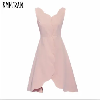

KMETRAM 2020 Style Elegant Women High Waist A-line Dress V Neck Sleeveless Summer Dress Party Dresses Vestidos De Fiesta HH807