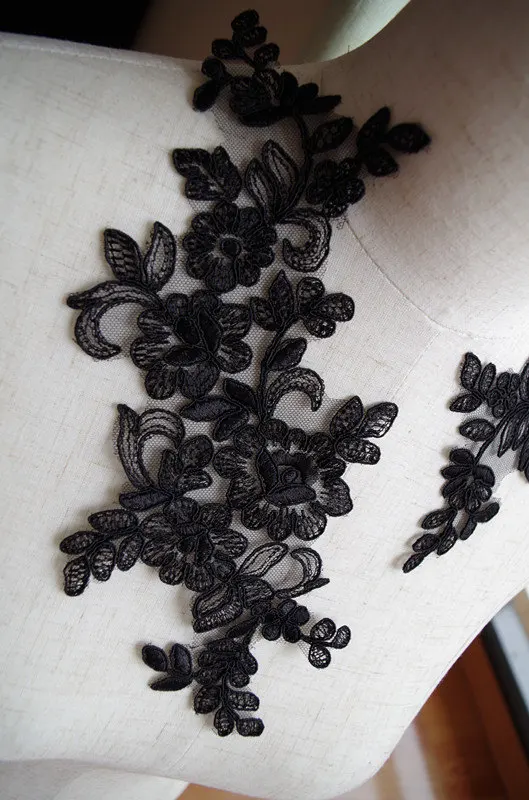 

black Lace Applique, black alencon lace applique, 2 pcs, best seller on sale