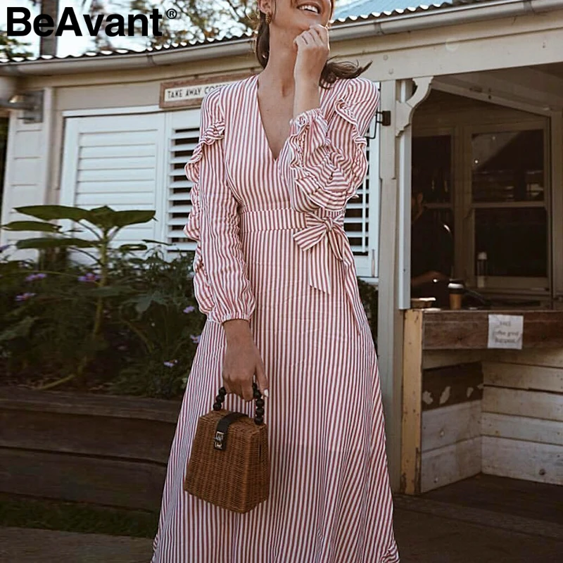 stripe ruffle cotton maxi dress