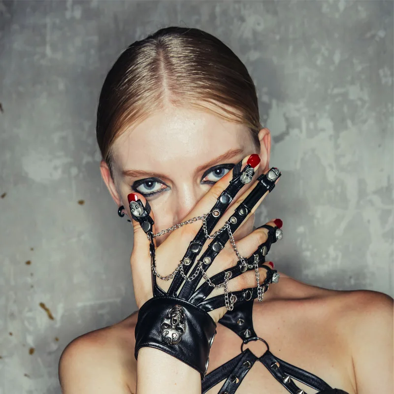 Punk Women Black Wrist Bracelet Gloves Steampunk Female Skeleton