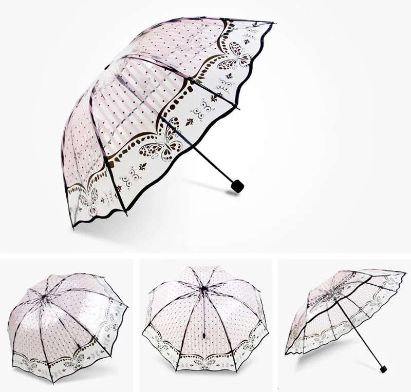 Прозрачный зонтик дождь Обувь для девочек 3 складной Толстая Paraguas Пластик ПВХ Кружево зонтик Новинка 2017 года Для женщин зонтик