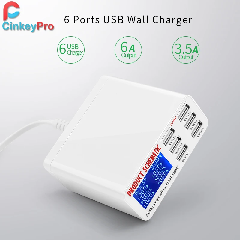 Cinkeypro الصمام عرض 6 منافذ usb شاحن ل سامسونج فون باد اللوحي الشحن السريع 5 فولت/6a الجدار محول الهاتف العالمي