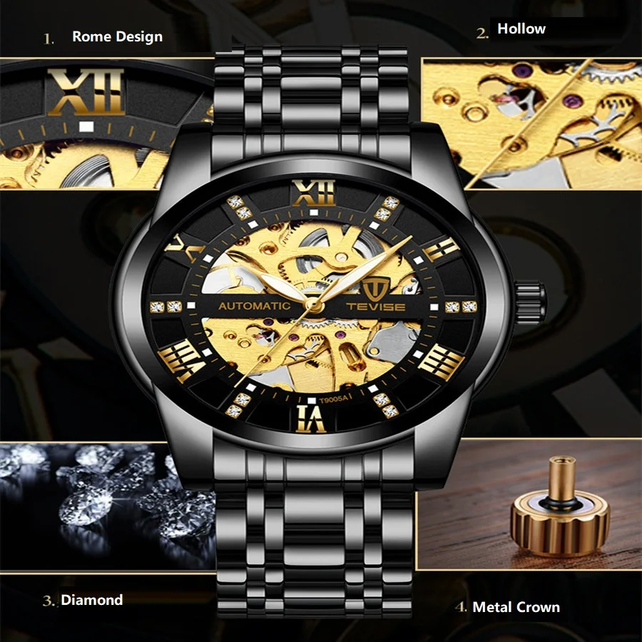 Автоматические часы со скелетом TEVISE T9005A, бриллиантовая шкала, светящиеся стрелки, мужские механические часы, Классические наручные часы
