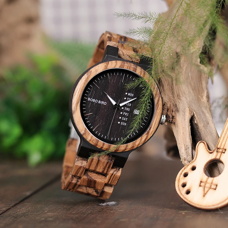 BOBO BIRD O26-2 Men's Wood Dress Analog Watch With Week Display Casual Quartz Watch Ship from Spain In Gift Box