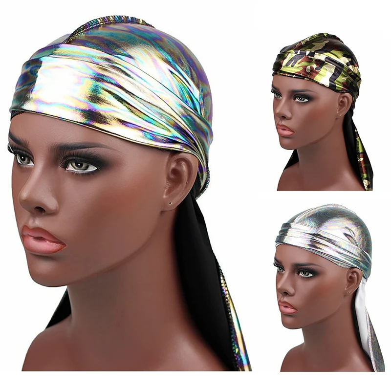 Seide Durag Satin Männer Durags Perücke Bandana Pirate Hut Bandeau Cheveux Frauen Kopf Wrap Elastische Stirnband
