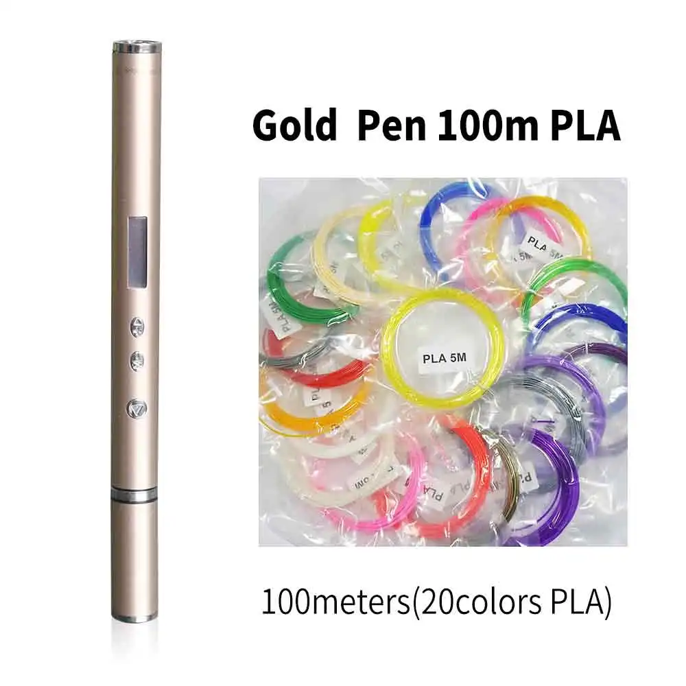 DEWANG, легкая 3d-ручка, новинка, OLED, DIY, 3D принтер, ручка, подарок на день рождения, PLA, ABS, нить, ручка, 3d ручки для рисования, гаджет - Цвет: Gold Pen 100m PLA