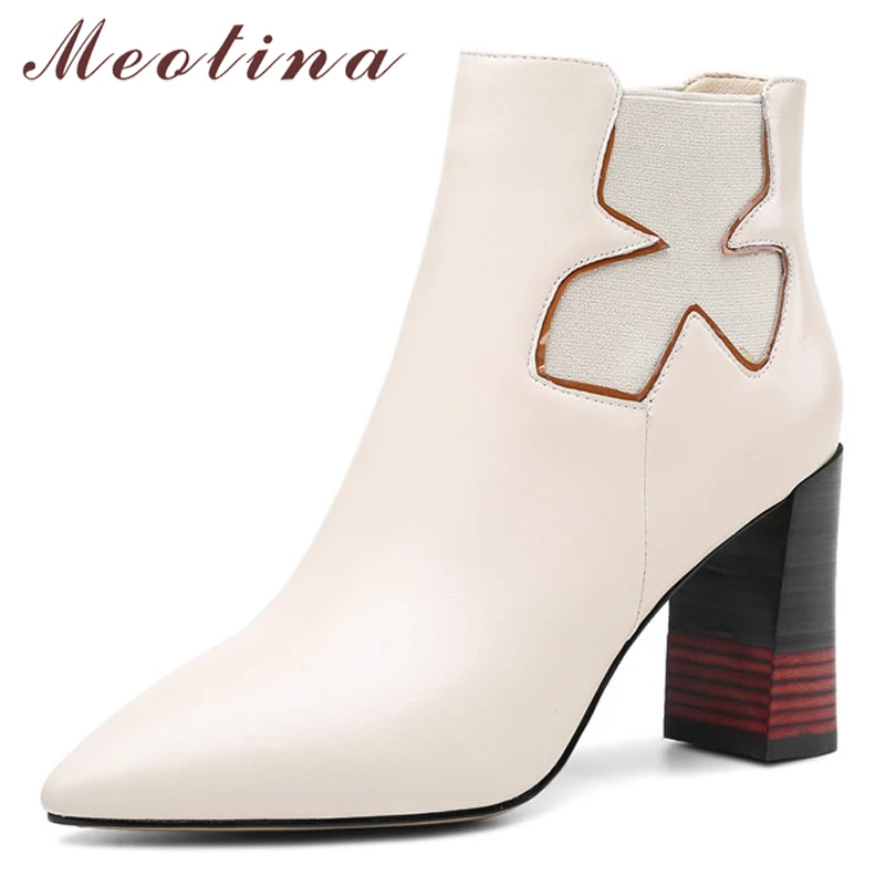 

Meotina Winter Genuine Leather Ankle Boots Women Real Leather Chunky Heel Short Boots Extreme High Heel Shoes Female Fall 34-39