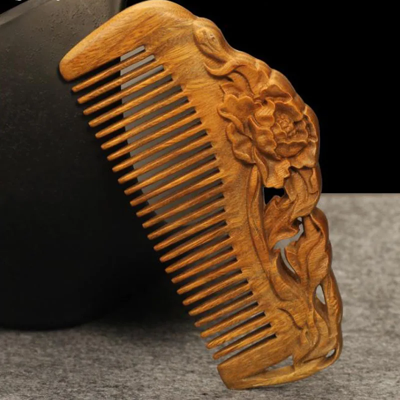 

Authentic Carved Peony Wooden Comb Green Sandalwood Hair Hollow Hand-made Comb