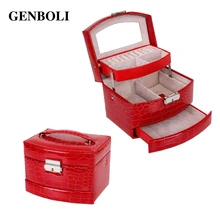 GENBOLI Women Makeup Carrying Case Casket Jewelry Leather Organizer Storage Display Packaging Rack Box Wedding Decoration Gift