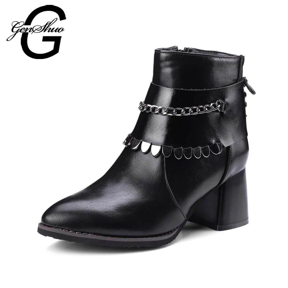 

GENSHUO Sexy Shoes Woman Winter Boots Non Slip Rubber Sole Women Ankle Boots Black Metal Chain Short Plush Motorcycle Boots