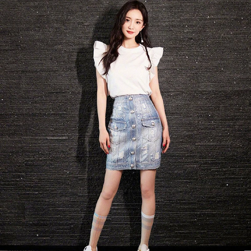 

HIGH STREET New Fashion 2019 Stylish Deesigner Runway Suit Set Women's Butterfly Sleeve Tops Diamonds Beading Denim Skirt Set