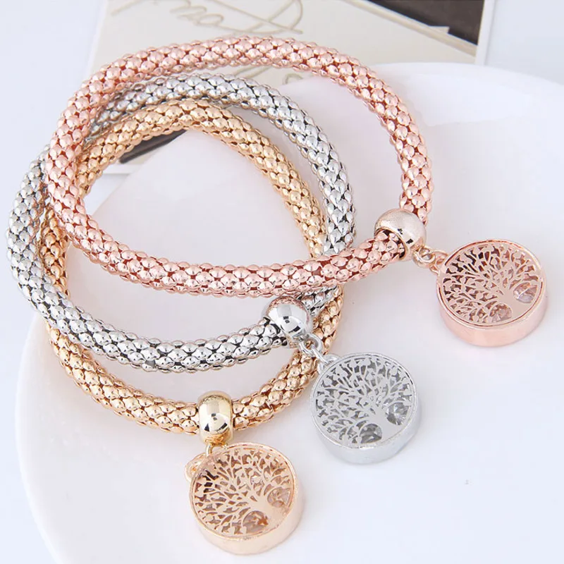 European And American Fashion Metal Ladies Auspicious Tree Pendant Charm Bracelet Three-color Corn Chain Multi-layer Jewelry | Украшения и