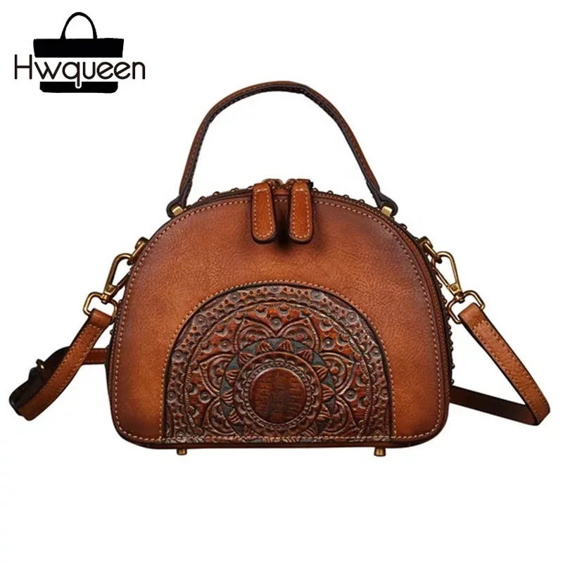 Embossed Genuine Leather Vintage Women Handbag Lady Retro Tote Shoulder Purse