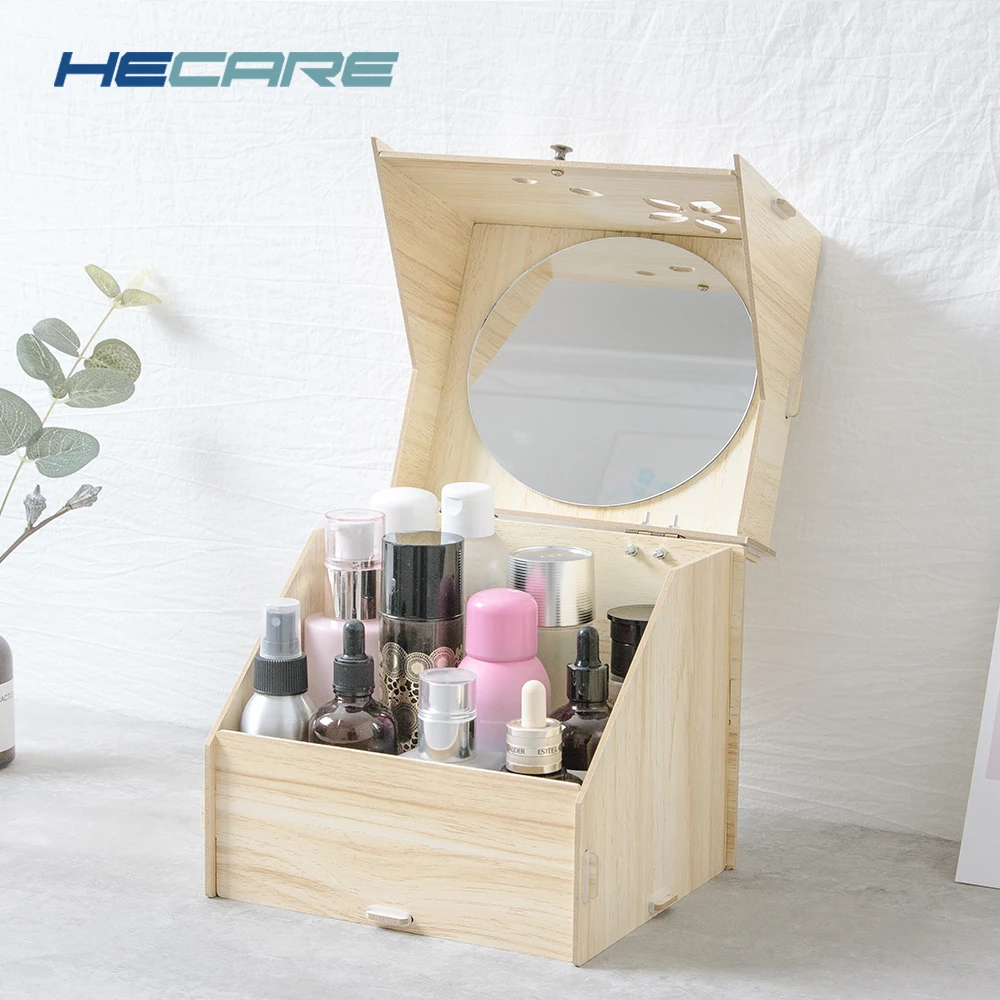 

HECARE Wooden Storage Box for Cosmetics 4 Colors Available DIY Jewelry Wood Box Cover Makeup Organizer with Mirror New 2019