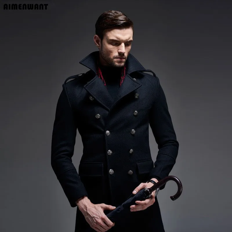 

AIMENWANT Brand 2017 New Design Double Breasted Causal Wool Coat For Mens High Quality Brand Germany Woolen Jacket Long Pea Coat