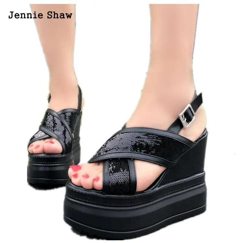 

Sandals Women's 11cm High Heel Wedges Summer New Comfortable Thick Bottom Cross Straps Shoes