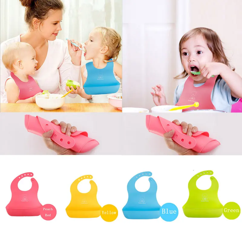 Baby Waterproof Silicone Bibs Feeding bib Kids Roll up Food Catcher