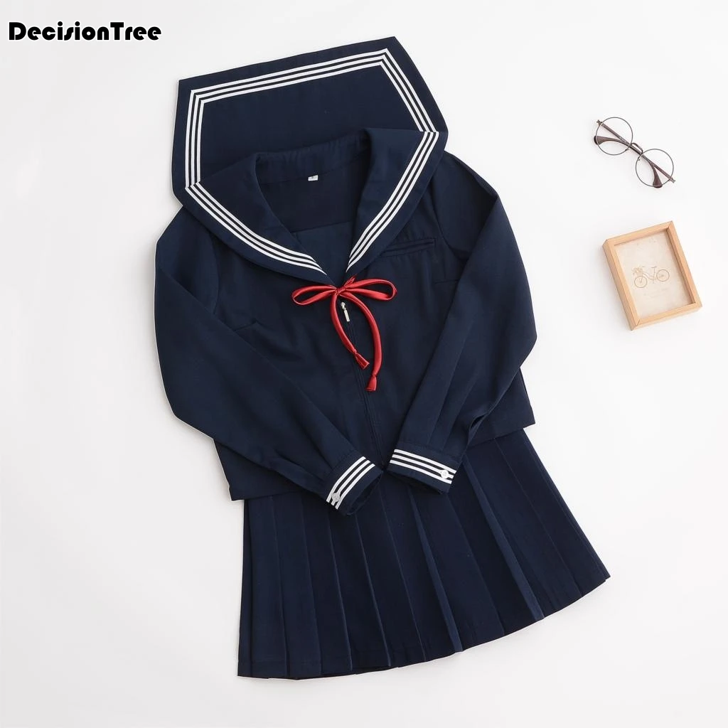 2019 новый, японский, корейский школьная форма для девочек милые Длинные рукава sailor топы и юбки полный набор косплей хлопок костюм JK
