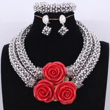 

Elegant Dubai Jewelry Set Bridal Silver Necklace set With Red Coral Flower Beads Jewelry Set Bold African Nigerian Bead Jewelery