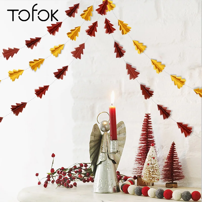 

Tofok 10pcs 3D Mini Christmas Tree Hanging Decor Flags Paper Garland Merry Christmas Home Decorations Cross/Vertical Hanging