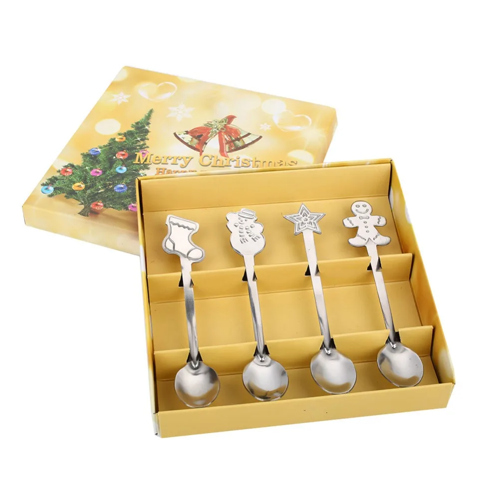 

4Pcs/Set Stainless steel Christmas Spoons Coffee Spoon Tea Spoon Lovely Kitchen wedding Festival Party Spoon Supplies with box