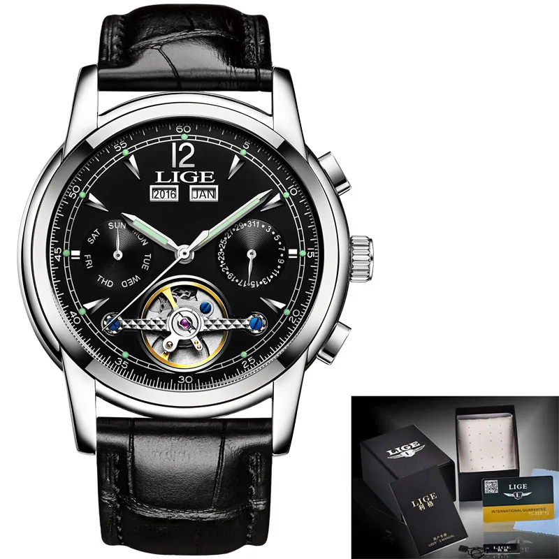 Relogio masculino мужские часы Топ бренд Luxruy LIGE автоматические часы мужские водонепроницаемые спортивные часы мужские кожаные деловые наручные часы - Цвет: silver black leather