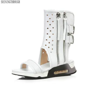 

2018 New Genuine Leather Summer Boots open Toe High Neck Platform Footwear Cutout Wedges Zipper High Heeled Girl Shoes