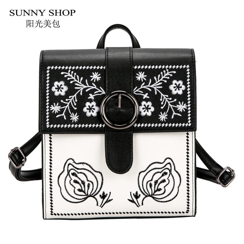 

SUNNY SHOP Floral Embroidery Backpack Small Notebook Backpack Women PU Leather Female Bagpack College School Bag Pink Black