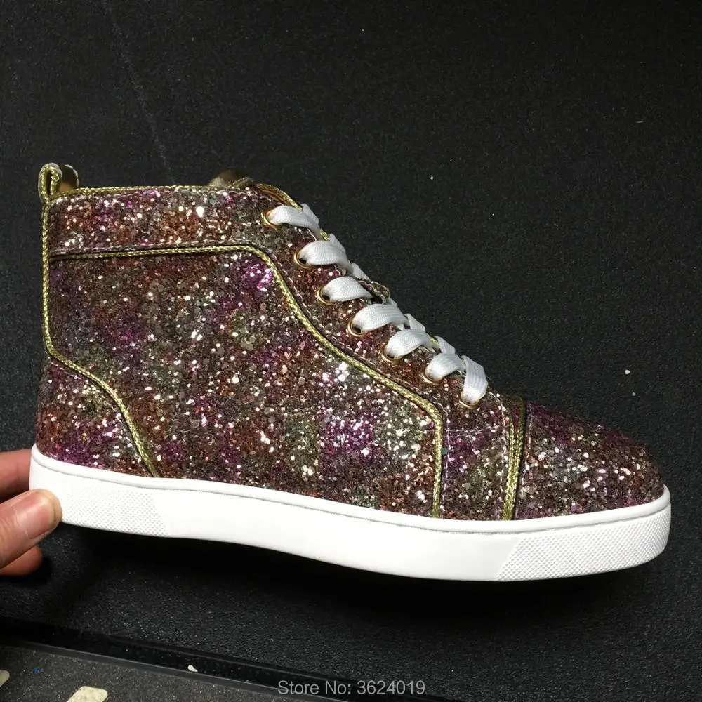 

clandgz pink with Glitter high heel shoes Top quality Red bottom Sneakers Leather Loafers 2018 Male Footwear Spring Autumn