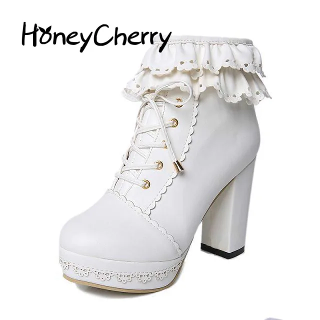 

2018 Autumn And Winter New Japanese Female Waterproof Platform Lolita Princess Shoes Round Head Straps Plus Velvet Ankle Boots