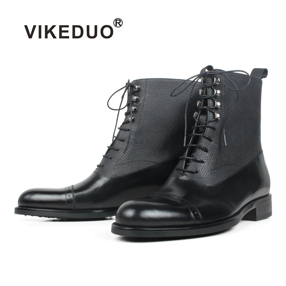 

VIKEDUO Black Mans Footwear Round Toe Ankle Boots Patchwork Handmade Leather Boots Men Autumn Winter Men's Boot Botas Hombre