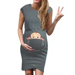 2020 платья для беременных платье с короткими рукавами и рисунком для беременных женщин; платье выше колена с круглым вырезом для беременных;