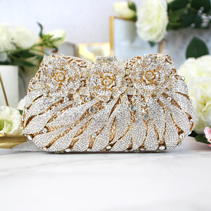 

Dazzling Women Gold Rose Flower Hollow Out Crystal Evening Metal Clutches Small Minaudiere Handbag Purse Wedding Box Clutch Bag
