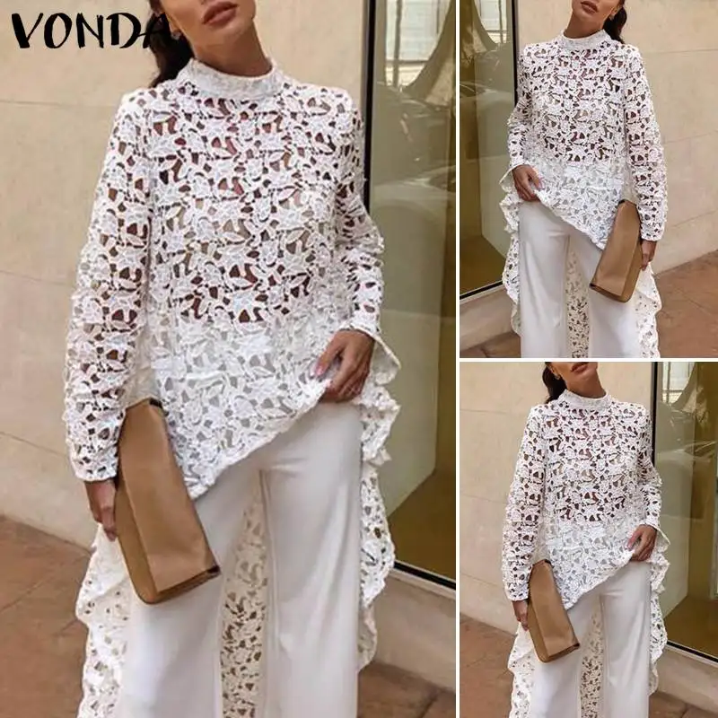 VONDA S-5XL White Lace Blouse Women 2019 Summer Tops Tunic Sexy Irregular Hem Hollow Tops Sexy Blouse Beach Blusas Casual Shirts
