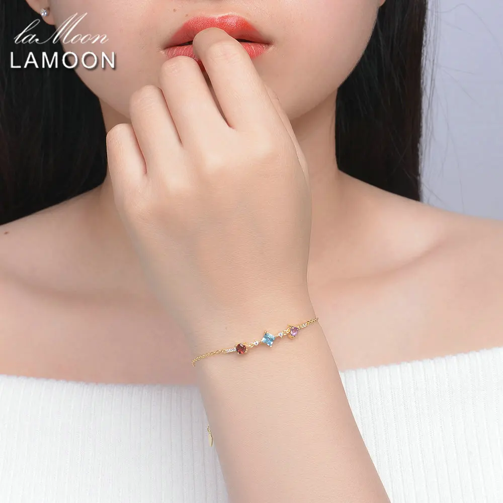 LAMOON 4mm Purple Amethyst Red Garnet Blue Top 925 Sterling Silver Jewelry S925 Charm Bracelet LMHI027